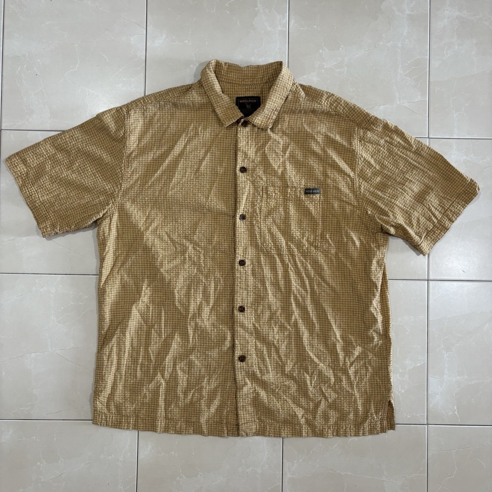 Vintage Woolrich Button Up Shirt Short Sleeve Men's XL Cotton Yellow Hike Fish